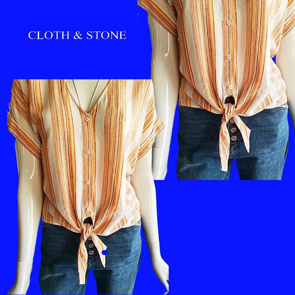 CLOTH & STONE NEW Linen Stripe V-Neck Tie Cuff Sleeve Crop Top M - Picture 4 of 12